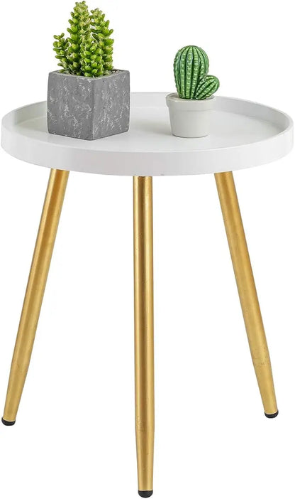 Round Side Table Wooden Tray Table with Metal Tripod Stand Nightstand Coffee Table End Table for Living Room Bedroom Office Small Spaces, 18" H x 15”D (White & Gold) - LeafyLoom