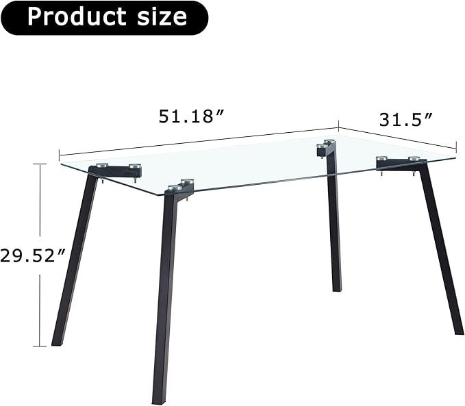 NicBex Modern Minimalist Rectangular Glass Dining Table for 4-6 with 0.31" Tempered Glass Tabletop and Black Coating Metal Legs, Writing Table Desk, for Kitchen Dining Living Room, Black - LeafyLoom