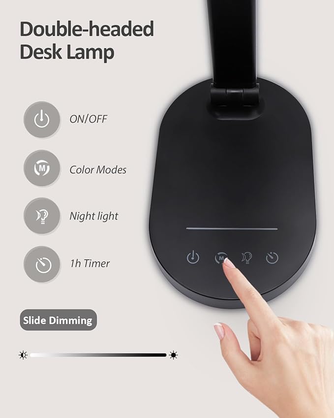 LED Desk Lamps for Home Office, 14W Double Swing Arm Desk Lamp with USB Charging Port, Eye-Caring Architect Task Lamp, Touch Control Desktop Lamp with Night Light Table Light for Work Study Craft - LeafyLoom