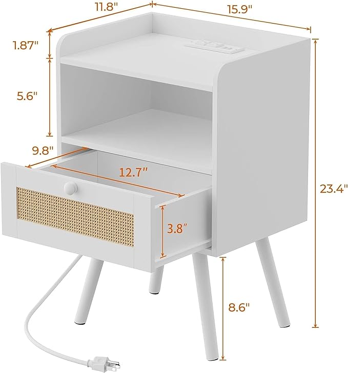 SUPERJARE Nightstand with Charging Station & Rattan-Like Decor Drawer, Rattan End Table with Solid Wood Feet, Bed Side Table with Open Storage, for Bedroom, Living Room, Dormitory - White - LeafyLoom