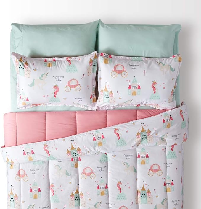 SLEEP ZONE Kids Twin Bedding Comforter Set - Super Cute & Soft Kids Bedding 5 Pieces Set with Comforter, Sheet, Pillowcase & Sham (Princess Castle) - LeafyLoom