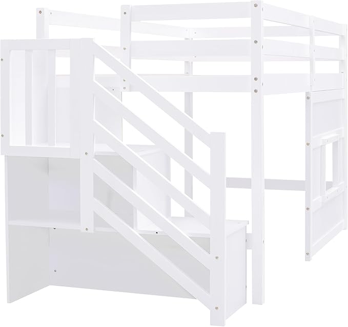 Twin Size Low Loft Bed with Storage Staircase,Kids Loft Bed Twin with Window,Space-Saving Low Loft Bed Frame for for Teens, Boys, Girls,White - LeafyLoom