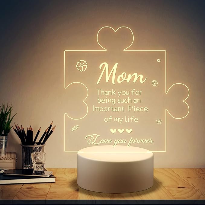 Puzzle Night Light Gift for Mom, Mother's Day Gifts from Daughter and Son Night Lamp with Plastic Base, Mom Gifts On Anniversary Christmas Day for Mom - LeafyLoom