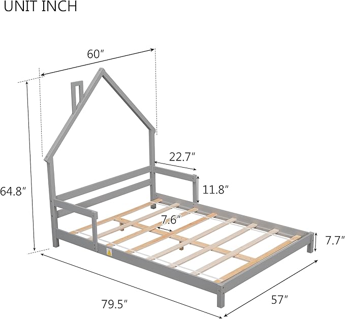 Bellemave Full Size Bed Frame for Kids,Low Platform Bed with House-Shaped Headboard and Handrails,Full Bed for Girls,No Box Spring Needed(Grey) - LeafyLoom