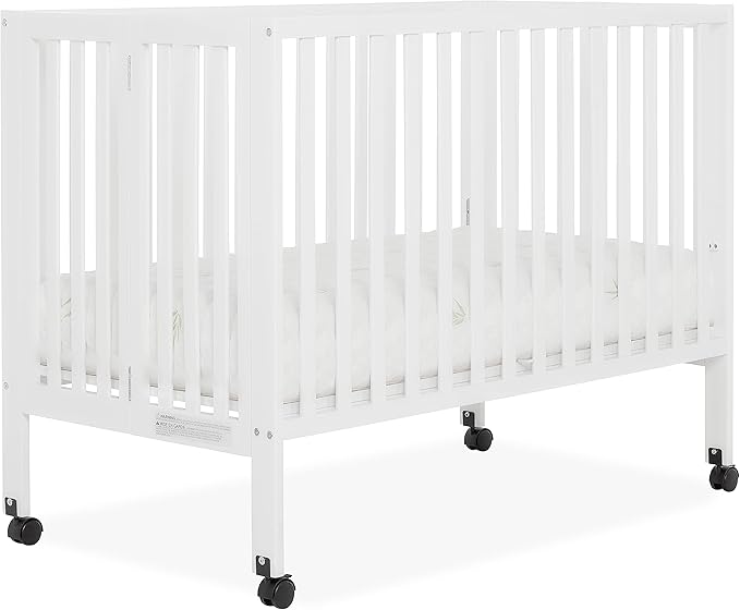 Quinn Full-Size Folding Crib In White, Removeable Wheels, Modern Nursey, Adjustable Mattress Support, Portable Crib, Patented Folding System - LeafyLoom