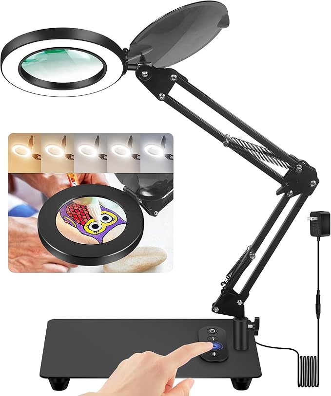 Magnifying Glass with Light with Base Controler, 5 Color Modes Stepless Dimmable LED Lighted Desk Lamp,Magnifying Glass with Light and Stand, Hands-Free Desk Magnifier Light for Craft Hobby Painting - LeafyLoom