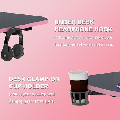 63 Inch Gaming Desk, with Carbon Fiber Surface, Lightning-Shaped PC Computer Table, with Headphone Holder, Cup Holder, Cable Management Box, Gaming Table for Gamer, Black&Pink - LeafyLoom