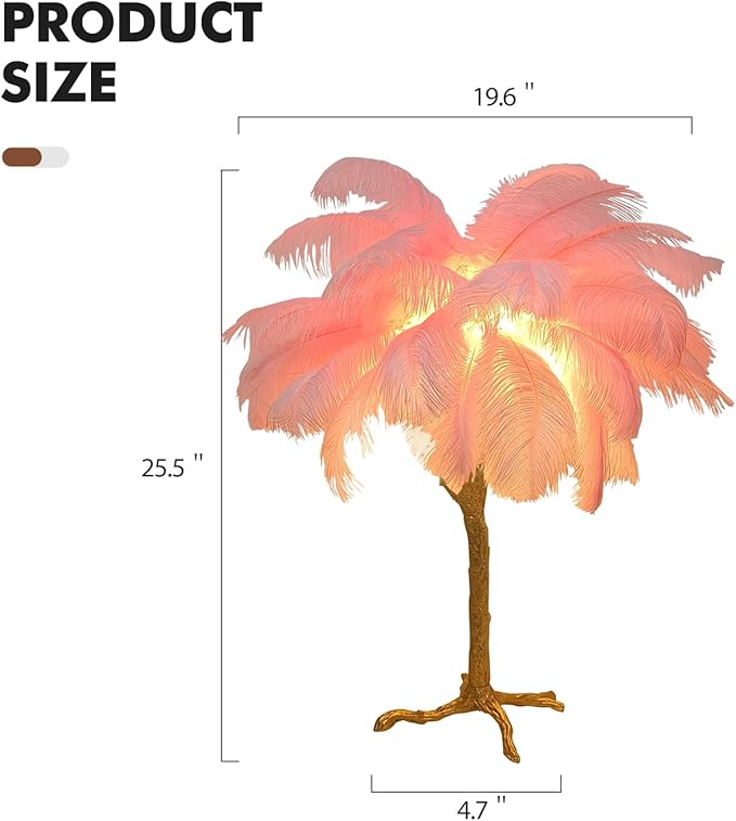 Ostrich Feather Desk Lamp Bedside Pink Cute Lamp Gold Resin Table Lamp, Coconut Tree Feather Lamp for Bedroom Living Room Hallway Wedding Girls Bedroom Night Light G4 Base - LeafyLoom