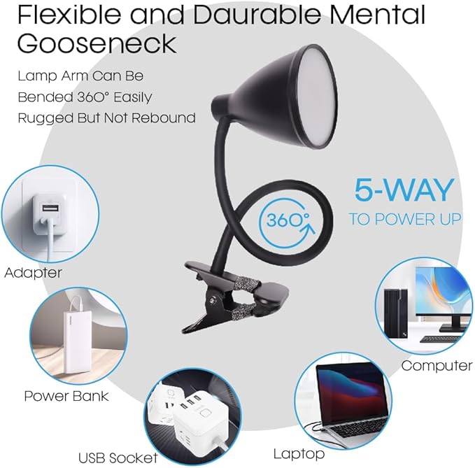 Desk Lamp Reading Light Clamp Lamp 3 Color Modes 10 Brightness Dimmer Table Lamp with Auto Off Timer Eye-Caring Lamp for Home Office 360° Flexible Gooseneck Clip AC Adapter Include(Black) - LeafyLoom