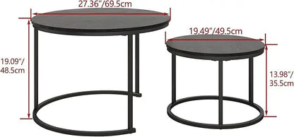 Round Coffee Table Set of 2 End Tables for Living Room,Black Coffee Table Nesting Tables,Living Room Table Wooden Accent Furniture Metal Frame,Sturdy Stacking Side Tables,Easy Assembly - LeafyLoom