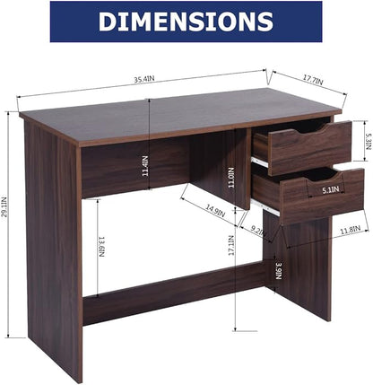 Home Office Computer Desk, 35.4" Small Study Writing Table, with Storage Drawers, Modern Teen Student Adult PC Table Desk, Walnut - LeafyLoom