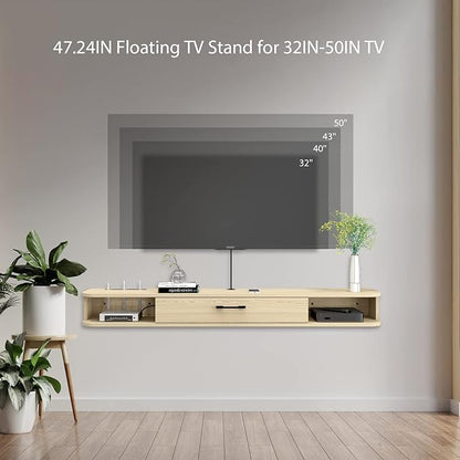 Floating TV Unit, 47'' Wall Mounted TV Cabinet, Floating Shelves with Door, Modern Entertainment Media Console Center Large Storage TV Bench for Living Room & Office (47.24IN, Oak) - LeafyLoom