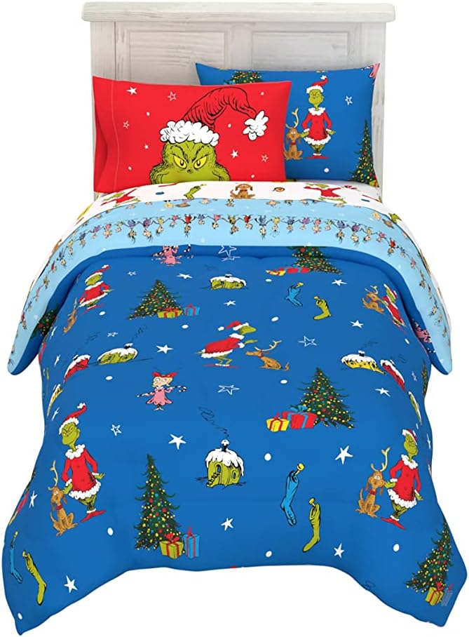 Franco Grinch by Dr. Seuss Holiday & Christmas Bedding Soft Comforter and Sheet Set with Sham, 5 Piece Twin Size, (Official Dr. Seuss Product) - LeafyLoom