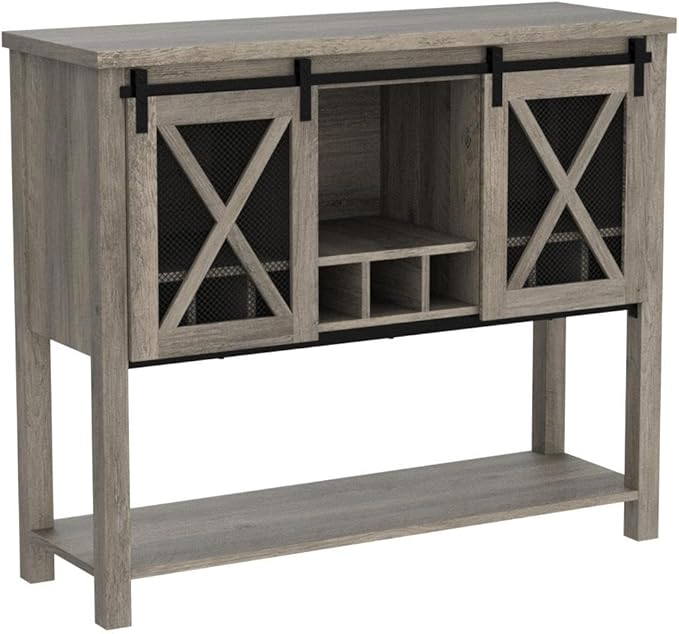 IDEALHOUSE Buffet Storage Cabinet Farmhouse Wine Cabinet Coffee Bar Table with Wine Glass Rack and Storage, Wood Buffets and Sideboards with Barn Mesh Door for Kitchen, Dining, Living Room - LeafyLoom