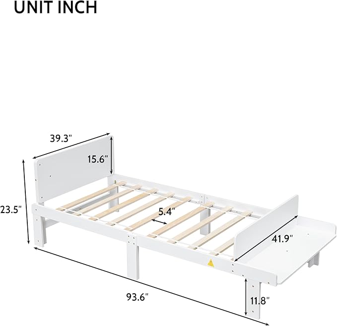 Twin Bed with Footboard Bench, Twin Kid Bed with Headboard, Wood Slat Support, Cute Kid Bed Frame with Book Storage Space, Twin Car Bed for Boys Girls Bedroom, No Box Spring Needed, White - LeafyLoom