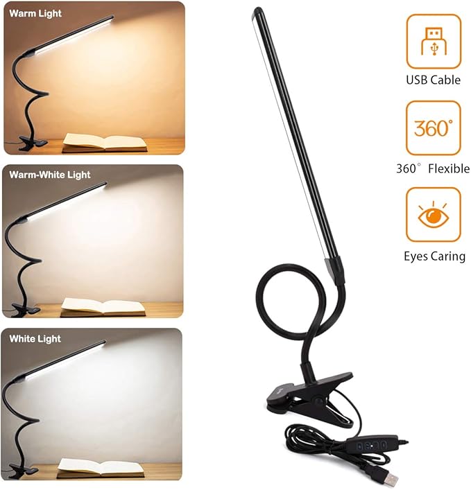 Clamp on Lamp, Clip Light, Desk Lamps 3 Color Temperature Setting, 10 Brightness Levels, 2m USB Cord Power Supply and AC Adapter Included, Pack of 2 (Black) - LeafyLoom