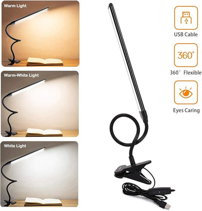 Clamp on Lamp, Clip Light, Desk Lamps 3 Color Temperature Setting, 10 Brightness Levels, 2m USB Cord Power Supply and AC Adapter Included, Pack of 2 (Black) - LeafyLoom