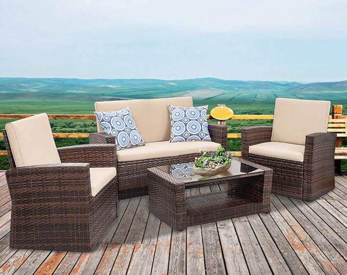 FDW Sectional Sofa Rattan Chair Wicker Conversation Set Outdoor Backyard Porch Poolside Balcony Garden Furniture with Coffee Table, Brown - LeafyLoom