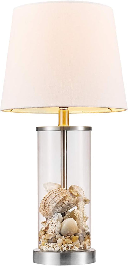 Globe Electric 67155 20" Fillable Table Lamp, Clear Glass and Steel Base, White Fabric Shade, Reading Light, Home Essentials, Bedroom, Nightstands, Room Décor, Dorm - LeafyLoom