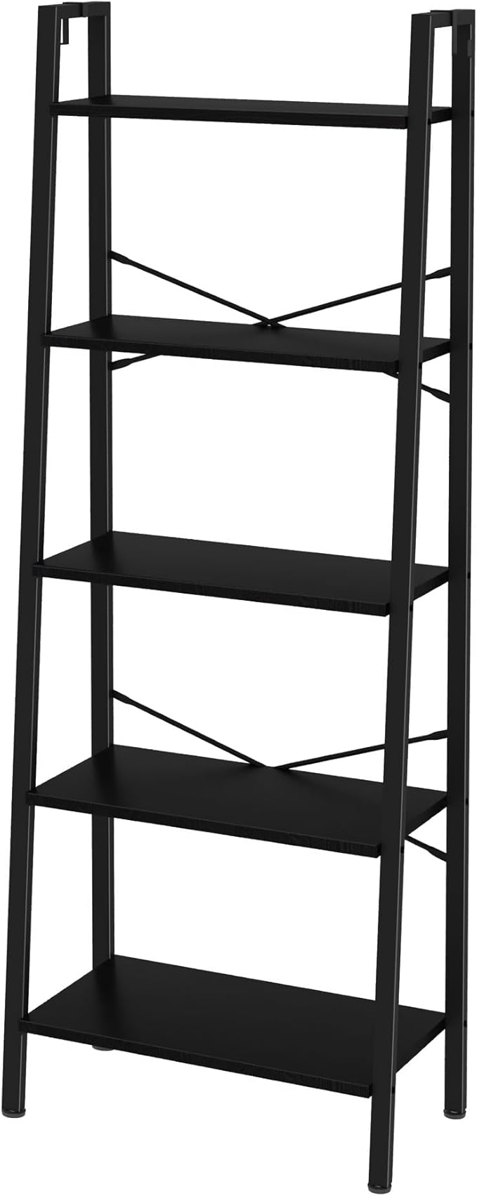 Ladder Shelf, Bookshelf Bookcase, Freestanding Corner Storage Shelve with 2 Hooks for Home Office, Living Room, Kitchen, Bedroom, Industrial, 5-Tier Black BC19304B - LeafyLoom