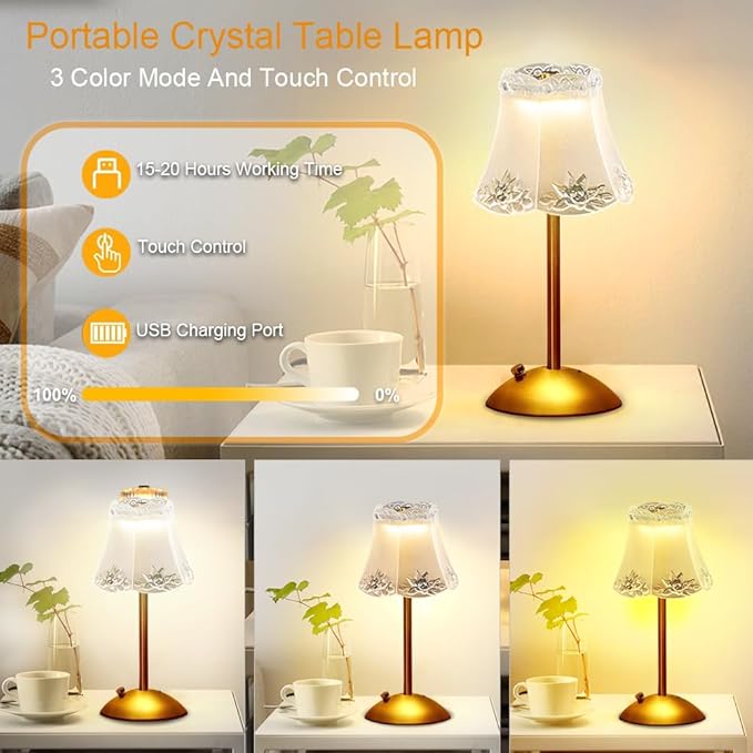 Portable Crystal Table Lamp,Cordless Metal Vintage Desk Lamp,3 Color Touch Control Rechargeable Lamp,3-Levels Brightness Room Decor Desk Lamp,Living Room,Kitchen,Dining Room Lamp (Gold-1) - LeafyLoom