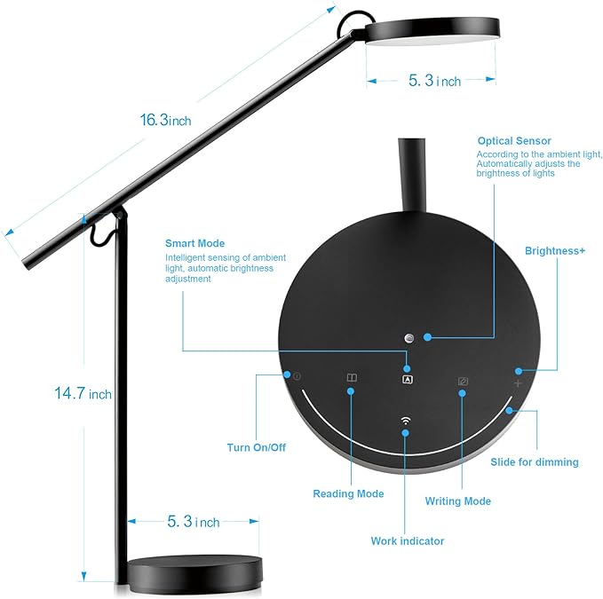 LED Desk Lamp, Architect Desk Lamps for Home Office, Adjustable Swing Arm Table Lamp, Eye Caring Reading Lamp, Memory Desk Light Dimmable with 3 Color Modes & 9 Brightness Tall Task Light - LeafyLoom