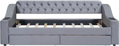 Twin Size Daybed with Storage Armrests & 2 Drawers,Upholstered Sofa Bed W/USB Ports & Button Tufted Backrest,No Box Spring Needed,Multi-Function Bedframe for Living Room Bedroom,Gray Velvet - LeafyLoom