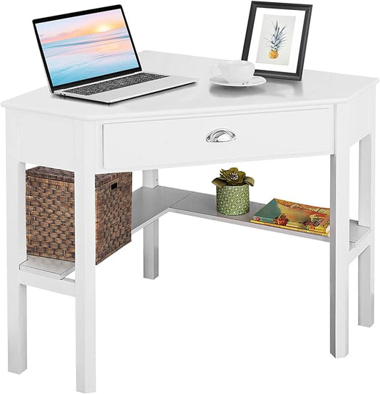 Nightcore Small, Wood Computer Desk, Compact Writing w/Drawer & Storage Shelves, Space Saving Study Workstation, Laptop PC Corner Table, White - LeafyLoom