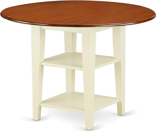 East West Furniture SUAN5-BMK-W 5 Piece Modern Dining Table Set Includes a Round Wooden Table with Dropleaf & Shelves and 4 Dining Room Chairs, 42x42 Inch, Buttermilk & Cherry - LeafyLoom