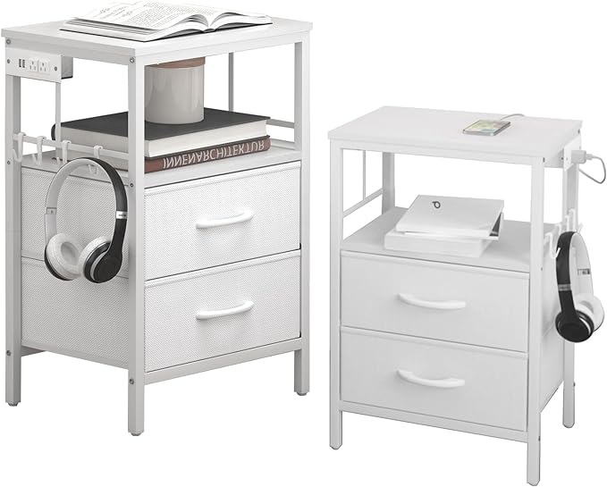 Nightstands set 2 for Bedroom Decor, Bedside Table with Charging Station, Night Stands with Fabric Drawers and Open Shelf, Side Table with USB Ports & Outlets(White,2) - LeafyLoom