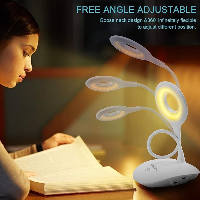 LED Desk Lamp Dimmable Table Light, 3 Modes, Stepless Brightness, Sensitive Control, Flexible 360° Adjustable Eye-Caring Office Read Lamp, Cordless USB Desk Light, White - LeafyLoom