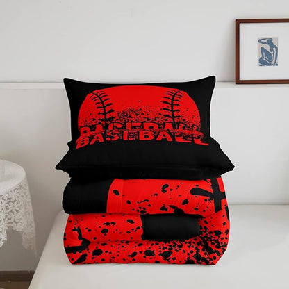 Baseball Comforter Set King Size Kids Red Black Sports Quilt Bedding Set For Boys Girls,Reversible Black Bedding Comforter Sets Soft Lightweight For All Season,1 Comforter And 2 Pillow Cases - LeafyLoom