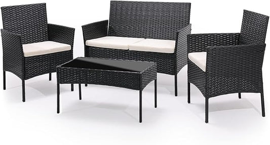 MoNiBloom 4 Pieces Patio Furniture Sets, Non Slip Foot Pads Wicker Rattan Sofa Chair with Soft Cushions and Sturdy Coffee Table for Backyard Porch Garden Poolside Balcony, Capacity 250 lbs, Black - LeafyLoom