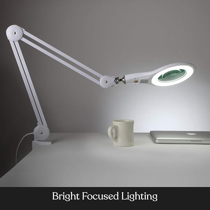 Brightech LightView PRO Magnifying Desk Lamp, 2.25x Light Magnifier, Adjustable Magnifying Glass with Light for Crafts, Reading, Close Work - White - LeafyLoom