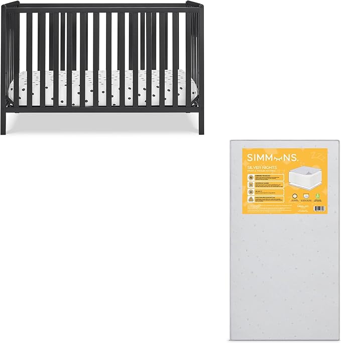 Delta Children Heartland 4-in-1 Convertible Crib, Black + Twinkle Galaxy Crib and Toddler Mattress (Bundle) - LeafyLoom