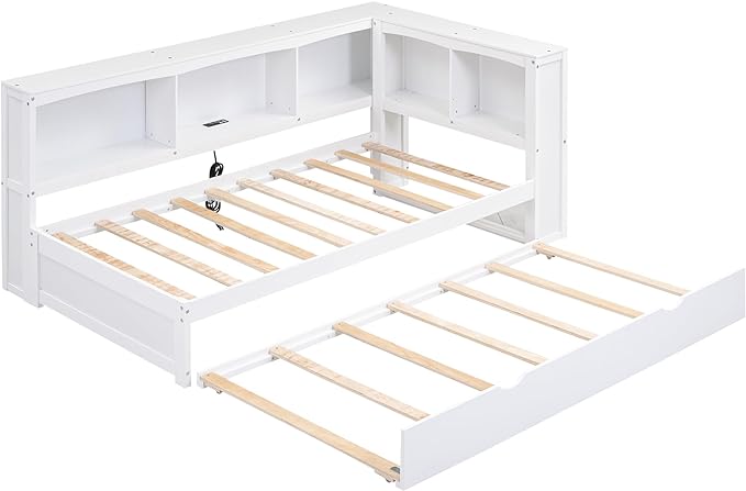 SuperStroke Jintop Twin Size Daybed with 5 Storage Cabinets and Trundle,Wood Sofa Bed Frame W/ 2 Standard Plug Outlets & Two USB Ports,No Box Spring Required,for Living Room Bedroom Apartment,White - LeafyLoom