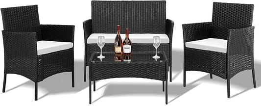 Outvita 4 Pieces Patio Furniture Set, Rattan Conversation Sets with Loveseat Soft Cushion and Glass Table for Garden Backyard Balcony Porch Poolside(Black) - LeafyLoom