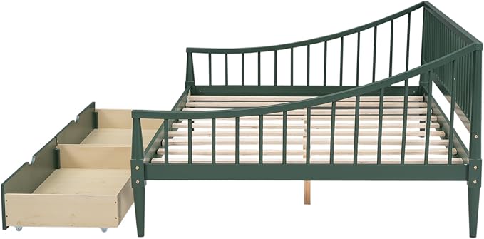 Full Size Daybed with Two Drawers,Solid Wood Storage Bed Frame W/Wooden Slat Support,Guide Rail Design on Three Sides,Easy to Assemble,for Bedroom Living Room,Green - LeafyLoom