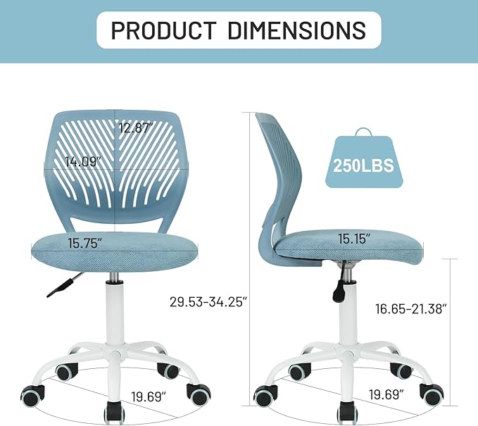 FurnitureR Kids Desk Chair, Small Mid Back Adjustable Swivel Computer Task Study Chair for Student, Fabric Armless Cute Rolling Children Office Chair, Light Blue - LeafyLoom