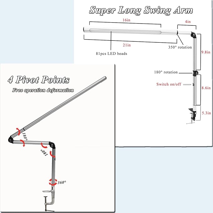 LED Swing arm Professional Grade Aluminum Desk lamp, Nail Technician Desk lamp, 81 LED Beads, Natural Spectrum Light, Suitable for Studio, Basement, Painting, Reading. (Silver) - LeafyLoom