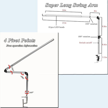 LED Swing arm Professional Grade Aluminum Desk lamp, Nail Technician Desk lamp, 81 LED Beads, Natural Spectrum Light, Suitable for Studio, Basement, Painting, Reading. (Silver) - LeafyLoom