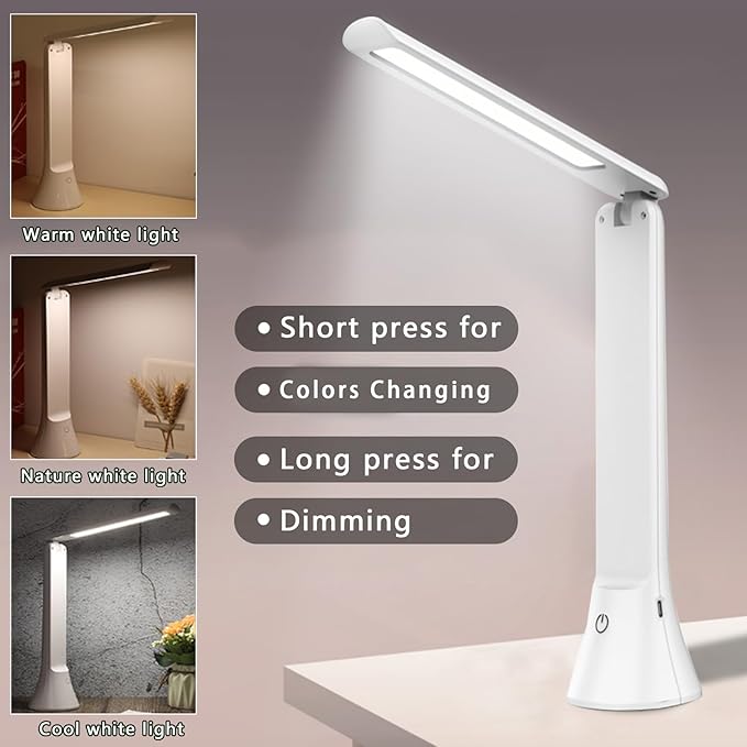 Rechargeable Desk Lamp with Flashlight Function, Battery Powered Desk Lamps for Home Office, Portable Foldable LED Desk Lamps, Cordless Desk Lamps, Small Lamps for Small Spaces, White - LeafyLoom