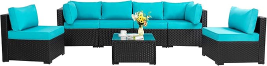 Shintenchi 7 Pieces Outdoor Patio Sectional Sofa Couch, Black PE Wicker Furniture Conversation Sets with Washable Cushions & Glass Coffee Table for Garden, Poolside, Backyard (Blue) - LeafyLoom