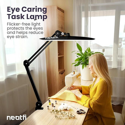 Neatfi XL 2,200 Lumens LED Task Lamp, 24W Super Bright Desk Lamp, 117 Pcs SMD LED, 4 Level Brightness, Dimmable, Task LED Light for Home, Office, Workbench (CCT, Black) - LeafyLoom