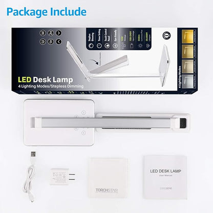 TORCHSTAR LED Desk Lamp, Dimmable Desk Lights for Reading, Table Lamps with USB Charging Port, Touch Control, 3 Color Modes, Fully Adjustable Brightness, Dorm Room, 1 & 2 Hour Auto Timer, White - LeafyLoom