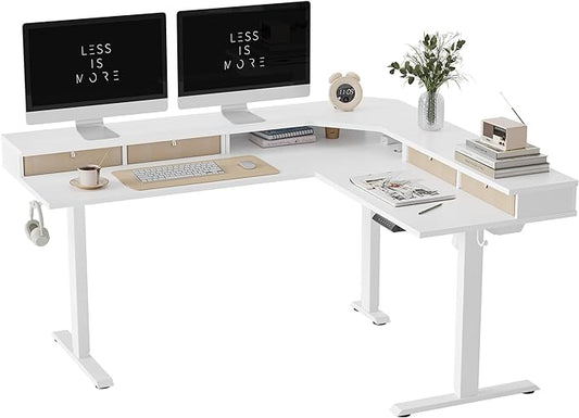 FEZIBO 63" L Shaped Standing Desk with 4 Drawers, Electric Standing Gaming Desk Adjustable Height, Corner Stand up Desk with Splice Board, White Frame/White Top - LeafyLoom