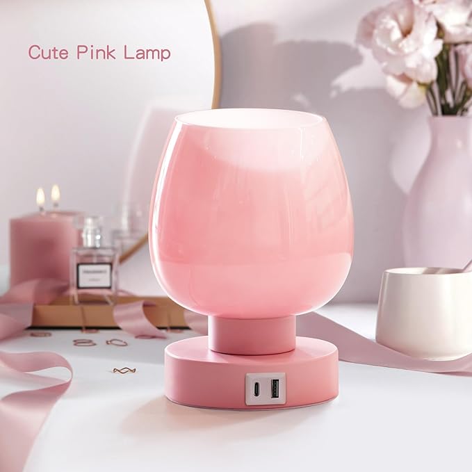 Touch Bedside Table Lamp - Pink Small Lamp for Bedroom with USB C+A Charging Ports 3 Way Dimmable, Nightstand Desk lamp with Glass Lamp Shade Warm LED Bulb Included, Simple Design Christmas - LeafyLoom