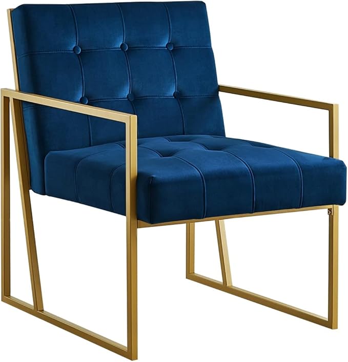 24KF Modern Navy Velvet Button Tufted Accent Chair with Golden Metal Stand, Decorative Furniture Chairs for Living Room Bedroom - Navy - LeafyLoom