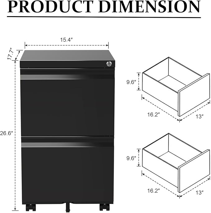 2-Drawer Mobile File Cabinets Rolling Metal Filing Cabinet for Legal & Letter File Anti-tilt Design with Lock Under Desk Office Drawers Fully Assembled Except Casters Black - LeafyLoom