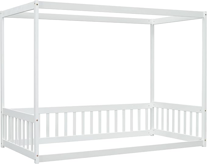 Twin Size Canopy Bed Frame with Guardrails for Kids,Floor Bed Twin with Four Poster Design,Kids Montessori Floor Bed,Wood Canopy Bed Frame for Girls,Boys(Twin,White) - LeafyLoom